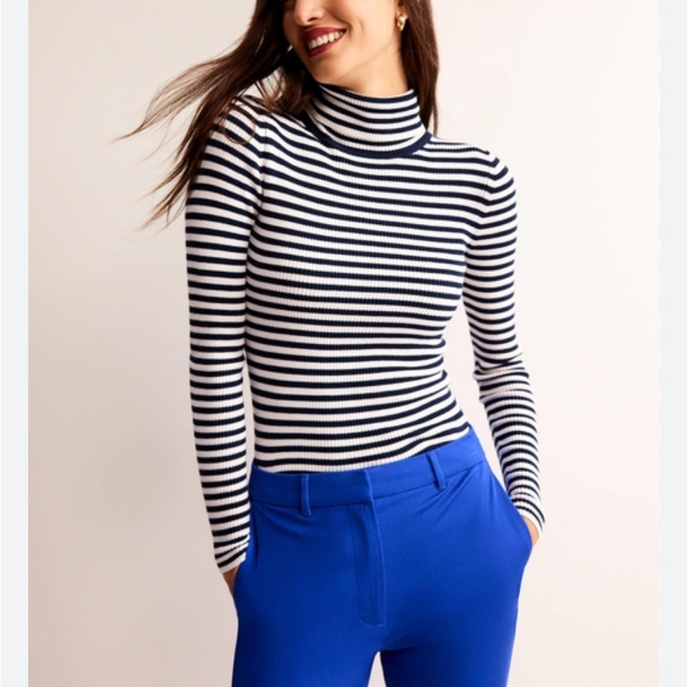 BODEN Ruffle Turtleneck Top Ribbed Long Sleeve Navy Blue White Sz S